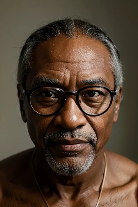 half body portrait, RAW, und, 70-year-old black man named George, glasses, dslr, ultra quality, sharp focus, tack sharp, film grain, Fujifilm XT3, detailed skin pores, tan, eye detail