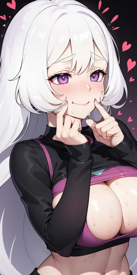 1girl,heart-shaped pupils,fingernails,hands on own face,white hair,purple eyelush:1.1),choker,upper body,trembling,sweat,sweatdrop,heart,(speed lines:1.1),medium breasts, ((heavy breathing:1.3)), love, heart, crop top, happy, smile