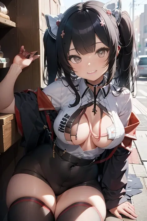 masterpiece、The best、1 female、 Bun bun、black hair、Shoulder leakage、big breasts、chubby、Smile、Black suspenders、lace leggingackpack，On campus，pose，Black jumpsuit，Fox girl，fox tails，