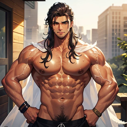 Masterpiece, Male{tanned skin}, 10 pack abs, big biceps{very oily}, long beige hair{side hair}, hairy armpits{sweaty}, has big body{oily and sweaty}, smirking face, handsome face, very very sweaty and oily body, white stuff on his face and body, shirtless,...