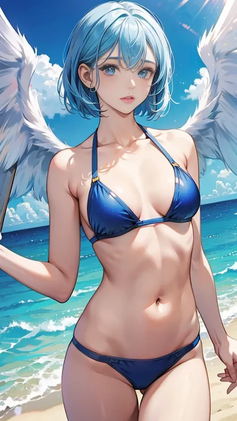 best image quality、highest quality、8K、Upper body、swimsuit、thighs、light blue hair、bob hair、blue eyes、starry sky、beautiful eyes、stomach、Navel、white wings grow