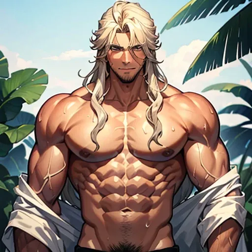 Masterpiece, Male{tanned skin}, 10 pack abs, big biceps{very oily}, long beige hair{side hair}, hairy armpits{sweaty}, has big body{oily and sweaty}, smirking face, handsome face, very very sweaty and oily body, white stuff on his face and body, shirtless,...