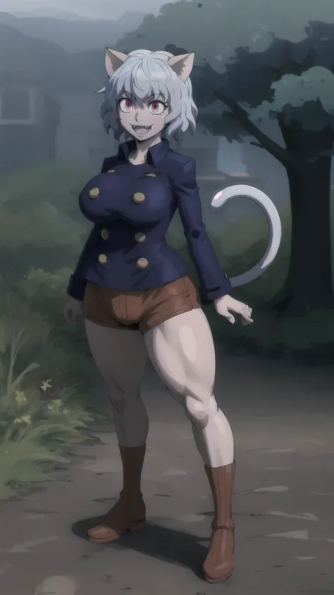 solo,open mouth,fangs,smile, Neferpitou,1girl,red eyes,cat ears, blue jacket,double-breasted, (nature:1.2),stading, full body, boots, huge breast, curvy, tall female,refsheet, cat tails,Neferpitou,1girl,red eyes,cat ears, blue jacket,double-breasted, (brow...