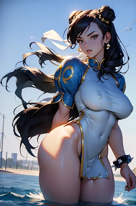 1chun li girl, black hair, yellow eyes, very long hair, pale skin, curvy, (extremely muscular), perky breasts, frozen lake