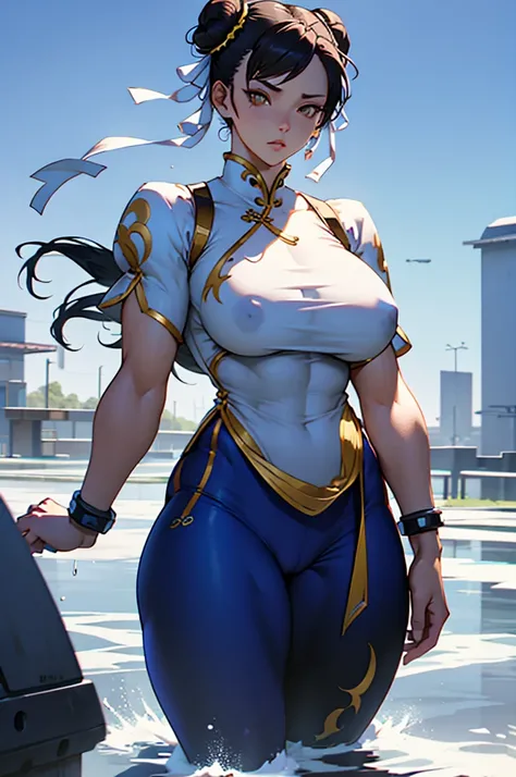 1chun li girl, black hair, yellow eyes, very long hair, pale skin, curvy, (extremely muscular), perky breasts, frozen lake