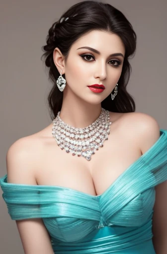 Lebanese woman, diamond dangling earrings, necklace, bracelets, small breasts, 40 years old, smokey eyes, cleavages, red lips, innocent face, cyan fashion strapless ball gown, stylish hairstyle, posing, modeling, off-shoulder