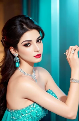 Lebanese woman, diamond dangling earrings, necklace, bracelets, small breasts, 40 years old, smokey eyes, cleavages, red lips, innocent face, cyan fashion strapless ball gown, stylish hairstyle, posing, modeling, off-shoulder