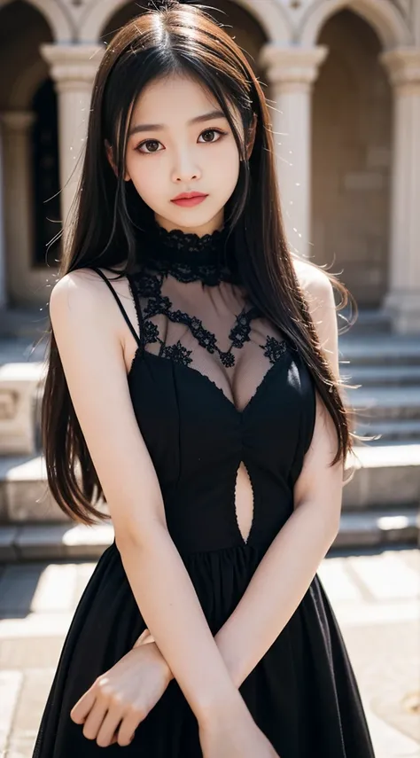 (best quality)，8K，a high resolution，masterpiece，lifelike，ultra high definition，1 innocent and cute little girl，15 years old，(Gothic architectural background)，(black华丽洛丽塔)，black，(Exquisite makeup)，thin very long legs，(small breasts:1.2), long hair，long eyel...