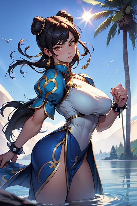 1chun li girl, black hair, yellow eyes, very long hair, pale skin, curvy, (extremely muscular), perky breasts, frozen lake