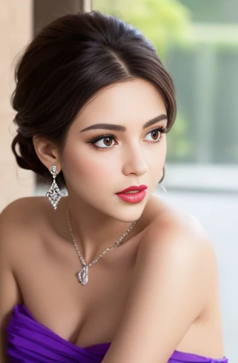 Lebanese woman, diamond dangling earrings, necklace, bracelets, small breasts, 40 years old, smokey eyes, cleavages, red lips, innocent face, purple fashion strapless ball gown, stylish hairstyle, posing, modeling, off-shoulder