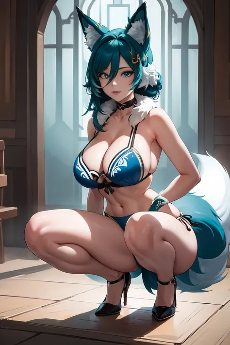 (best quality,Unparalleled masterpiece:1.4),Ultra-detailed CG 4K,cyanhair，There are fox ears on the head，thong， Loose bikini，High heel，huge，rendering，huge，squat on the ground