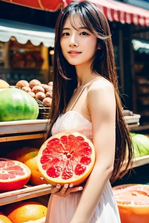 half cut grapefruit　Wet woman with long straight hair　open air fruit shop background