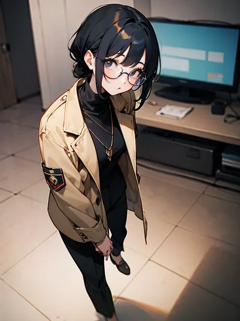 1 girl，Detailed details，black hair，glasses,hair tied together，straight hair，black fitted pants，Beige jacket,White turtleneck，black eyes,tv set，game,dark，concrete，Narrow pupils,necklace，