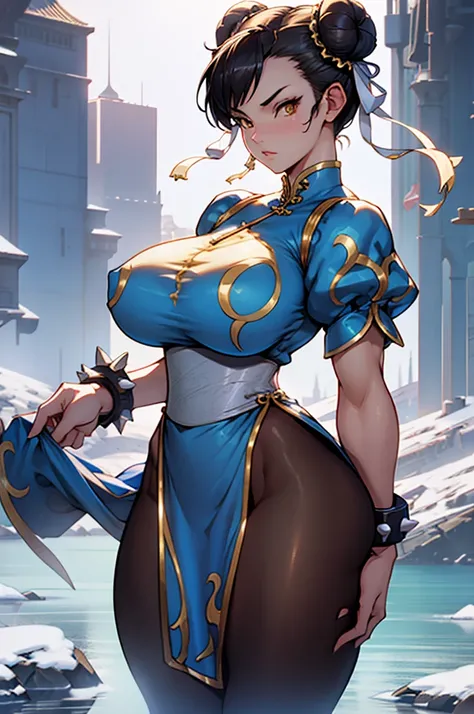 1chun li girl, black hair, yellow eyes, very long hair, pale skin, curvy, (extremely muscular), perky breasts, frozen lake