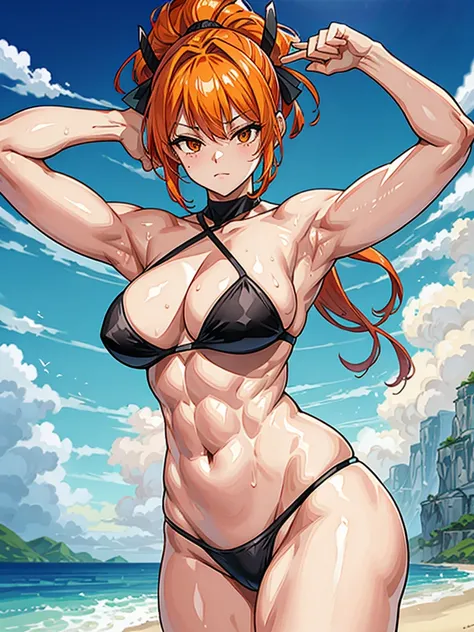 （（（masterpiece、Highest image quality、highest quality、highly detailed unity 8ｋwallpaper）））、（（Illustration of one girl））、（（（beautiful girl）））、（（orange hair、side ponytail、sidelocks：1.2、orange eyes））、（（（（body full of big scars）））、（（stocky build, thickset physi...