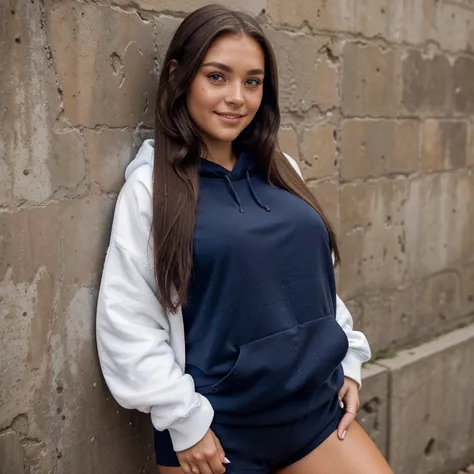 Jessica Degg short chubby face brunette long ponytail straight hair Caucasian freckles fake tan eyelashes dark eyes eyeshadow make up smiling jewellery short chains hooded sweatshirt small navy blue lycra shorts leaning on wall