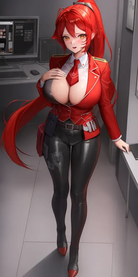 Red_Hood (Nikke), Military uniform, (Big breast, Detailed retina, Red hair, ponytail), 4k, winning award, cyber horn, high rank officer, sitting in the office, looking to the viewer