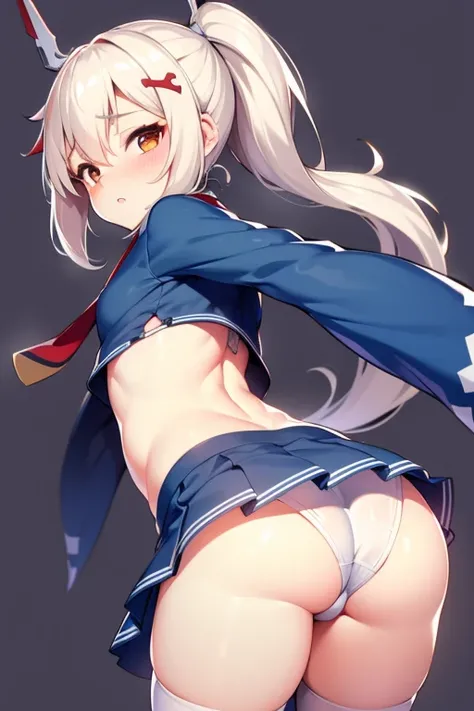 1girl, Small Loli, cabello decolorado, falda azul, trenza de cabello, Small blue skirt, trasero visible, big butt, ass, huge butt, big belly, ass fat 