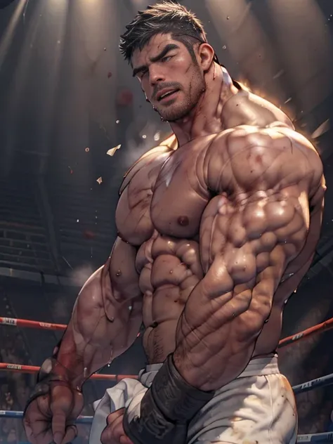 3D Photorealistic, Masterpiece realistic, best high quality, perfect details, RAW Photo, intricate details, nice lighting, 4K, detailed background, In the championship boxing match, A determined muscular boxing champion 45-year-old man, perfect wrinkle wea...