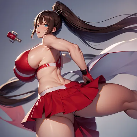 8k, Super details, precise, best quality, masterpiece, Super details, high detail, high quality, best quality, high resolution ，1 girl，huge tits，Healthy and muscular body，Lift up the red split skirt，Revealing thong，high ponytail，White analysis，Cool colors，...