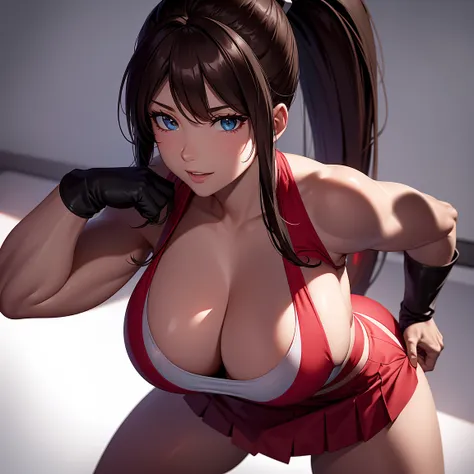 8k, Super details, precise, best quality, masterpiece, Super details, high detail, high quality, best quality, high resolution ，1 girl，huge tits，Healthy and muscular body，Lift up the red split skirt，Revealing thong，high ponytail，White analysis，Cool colors，...