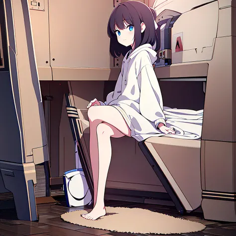 high quality, high detail, ((A masterpiece like no other in history, 最high quality, perfect artwork)), high contrast,flat color,white hoodie,,little woman,barefoot,Black Shorthair