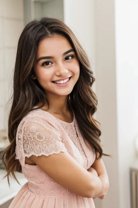 With long, wavy brown hair framing her radiant face and sparkling eyes that reflect joy and curiosity, this 18-year-old girl has an infectious smile that lights up the room. Her aura is playful and fresh, with a cheerful laughter that fills the air wheneve...