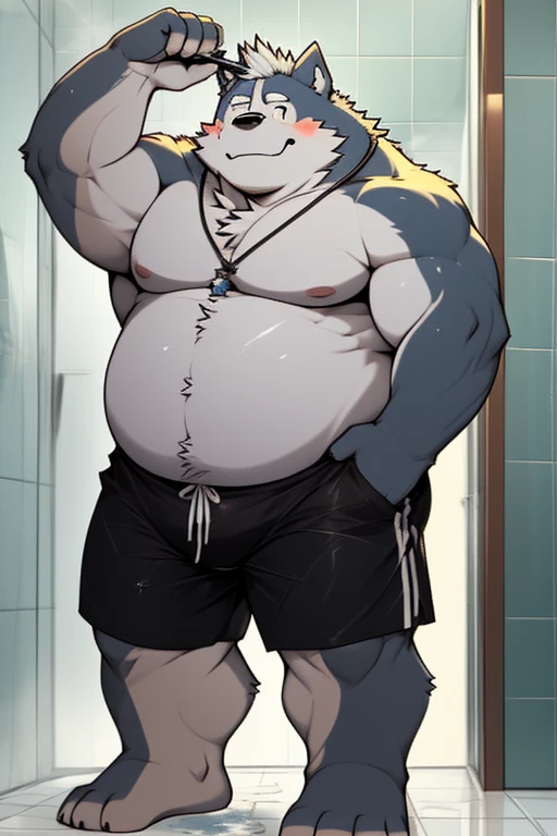 He is chubby, loaded with immense plump, extremely thick thighs, wearing only red swim trunks, pulseiras de couro, He is holding the gigantic phallus, he is taking a shower in the bathroom, corpo parcialmente coberto com espuma do shampoo, steam in dog med...