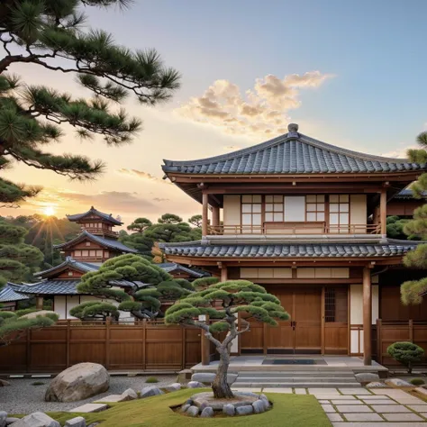 exterior of house, Japannese traditional style, Zen landscape, ahart pine tree, morning sunrise, beautiful sky, few cloud