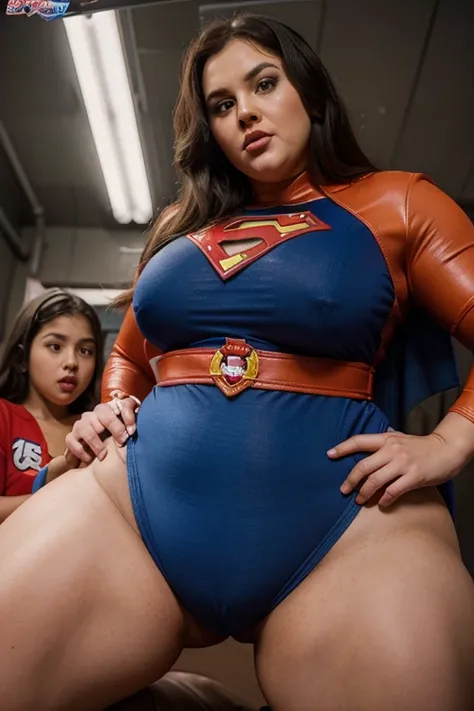 little boy defeats bbw superheroine by hitting her in the crotch, bbw superheroine defeated, bbw superheroine surprised, a little boy is behind the bbw superheroine, (in the scene a bbw superheroine and behind ulittle boy),