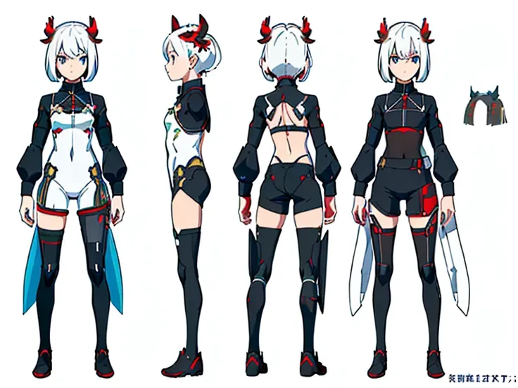 Little girl, robot horse,Type sheet, Character Sheets, Three types，full body shot，Game Character Design，h1girl in, ((Character information)、(Chara Leaf)、Type sheet, Character Sheets, Three types，full body shot，Game Character Design，Colorful, detailed young...