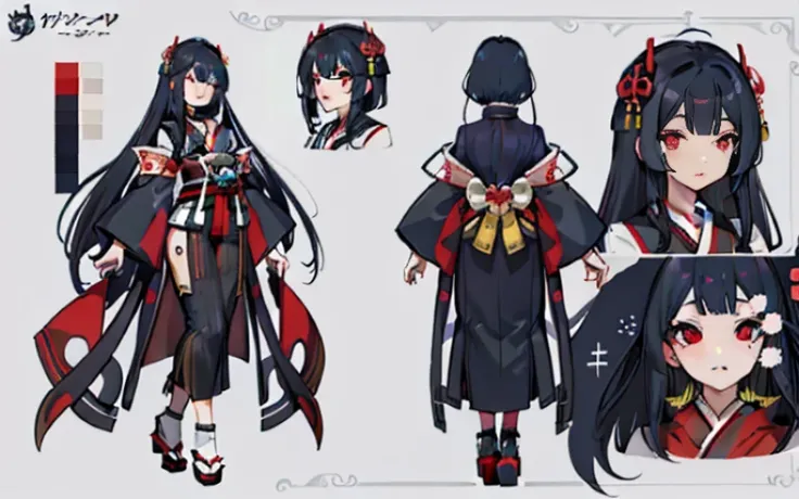 1 person, reference sheet, (Fantasy Character Design, FRONT, rug, Side) girl, kimono, Japanese goddess, Amaterasu, long black hair, Солнечный world, world