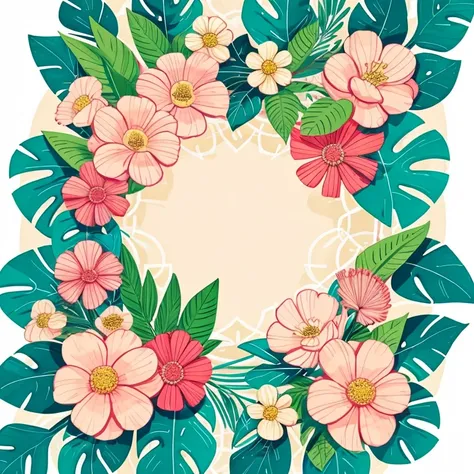 flowers，seal，Soft beige，pastel pink，tropical plants,Flat illustration，Maximalism，Bright colors