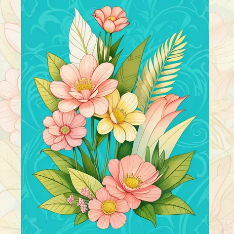 flowers，seal，Soft beige，pastel pink，tropical plants,Flat illustration，Maximalism，Bright colors