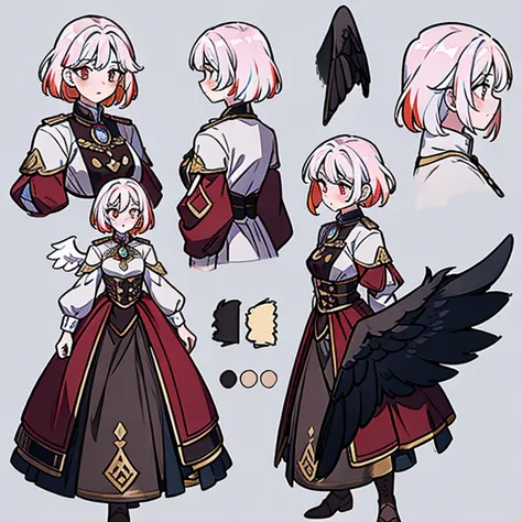 dyed hair, girl, Different pupil, Multicolored wings, Wear a colored coin on your waist with white wings，At the end there are colored feathers and mature tear moles，Conceptual art，Character concept art，Character sketches，reference sheet，Table of Roles，（sim...