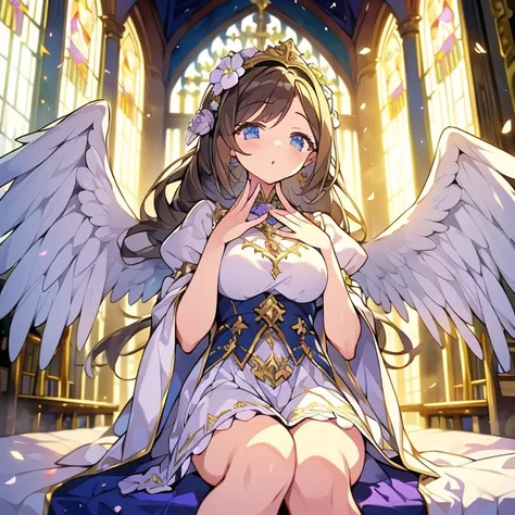 masterpiece　Super high quality　wallpaper　beautiful少女　aristocratic dress　church　Light　angel wings　fantasy　one girl　1 girl　Beautiful　beautiful　flower　廃墟のchurch