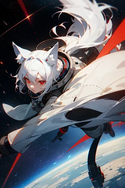 White hair, wolf ears and tail, red eyes, star wars, space