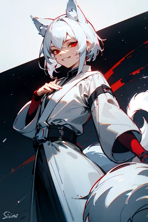 White hair, wolf ears and tail, red eyes, star wars, smirk