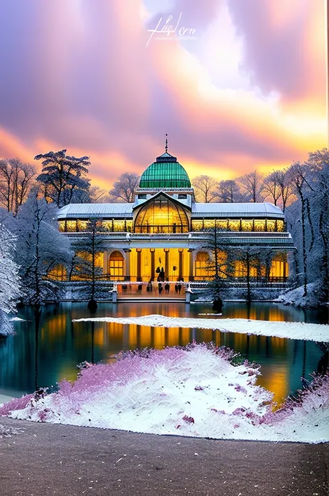 Aerial view of a large glass building in the Retiro Park in Madrid, with a glass dome on top., frio pero hermoso, cold as ice! 🧊, Entorno invernal, hermoso lugar, Cubierto con nieve, a Palacio de Cristal, against a winter garden, Palacio Opalescente, Palac...