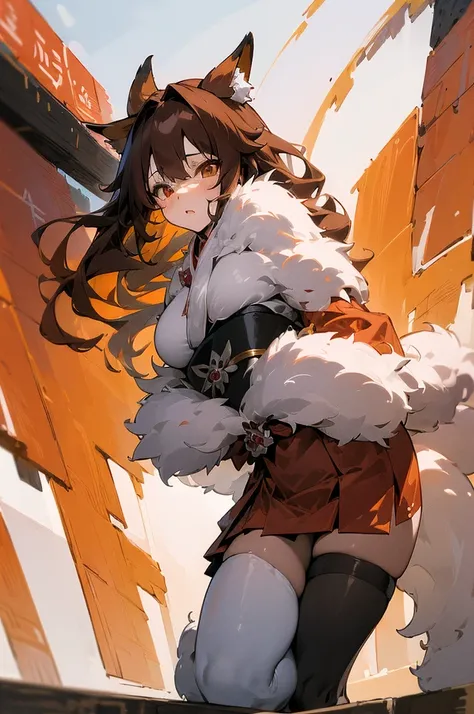 (((masterpiece))),(((bestquality))),((ultra-detailed)),(illustration),((anextremelydelicateandbeautiful)),dynamic angle, fox girl, kitsune, brown hair, fluffy tail, torii gate background, splash art, miko outfit