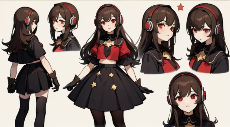 ((masterpiece, top quality)), Detailed face, Character Sheet, whole body, Full of details, several poses and expressions, very detailed, Depth, Many parts, 1 girl, girl in a skirt and headphones, :3, idol, Magic Girl, long hair, Bang, Brown hair, black cro...