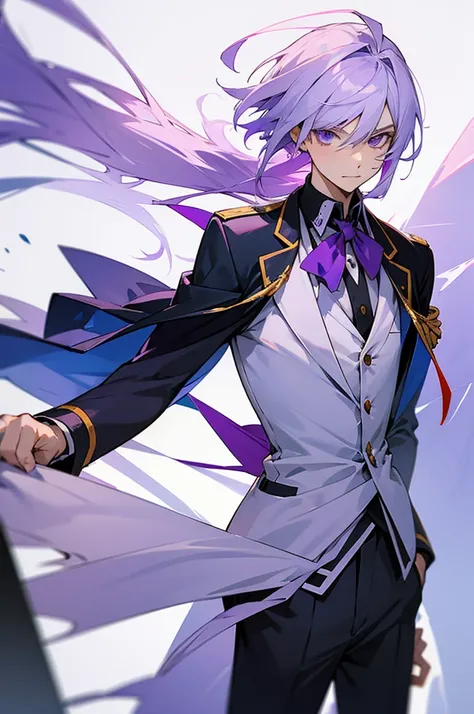 Anime boy with purple and white hair in high school uniform 