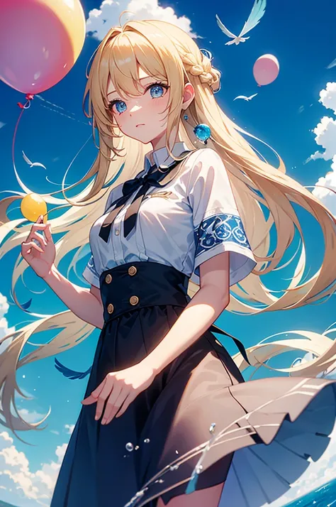 Blonde hair with light blue tips、Braid、straight face、whole body(fantasy、bluebird、Black feathers、white feather、beautiful scenery、Blue sky、water droplets、Grains of light、gem、balloon)