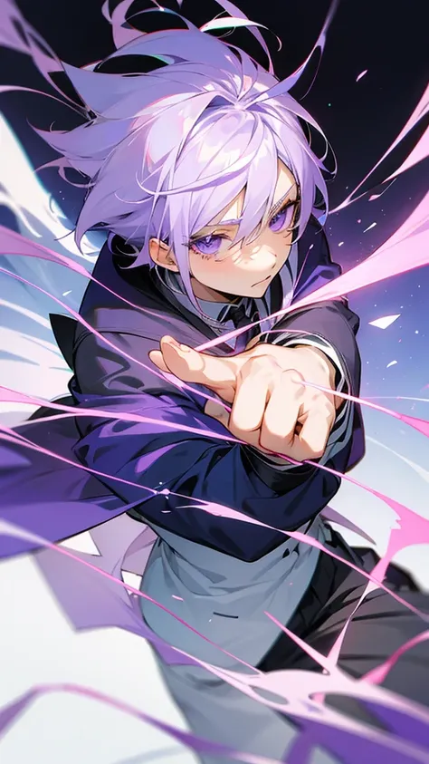 Anime boy with purple and white hair in modern school uniform staring