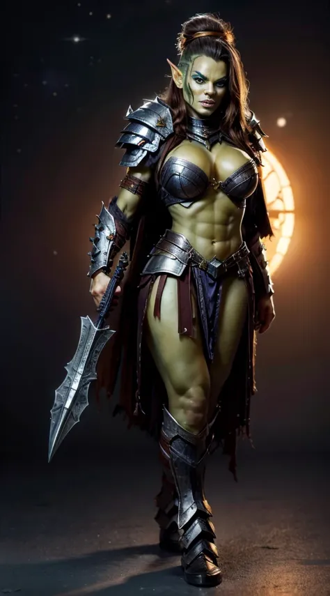 short, Female, Half-Orc, long flowing "light brown hair", "blue eyes", "green skin", "black and gold armor", full body pose,