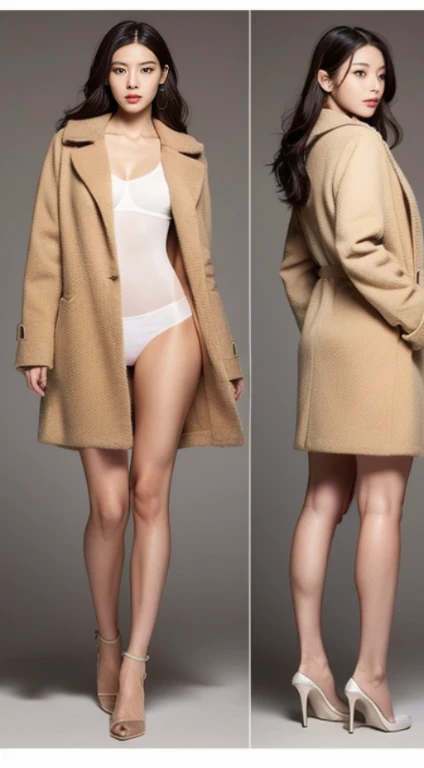 Wearing a white thong and a tan coat,,A woman with the same face as last time(misaki)，４Ｋ、１people&#39;s women、slender、 Loose wavy styling 、seductive and attractive、full body shot、Facing backwards、showing your butt,Including face and skin texture，detailed ey...