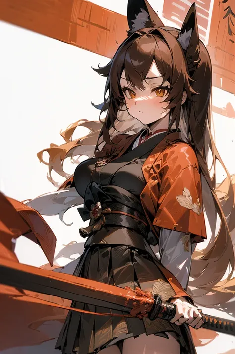 (((masterpiece))),(((bestquality))),((ultra-detailed)),(illustration),((anextremelydelicateandbeautiful)),dynamic angle, fox girl, kitsune, brown hair, fluffy tail, torii gate background, samurai outfit, holding a katana in a stance, blank expression