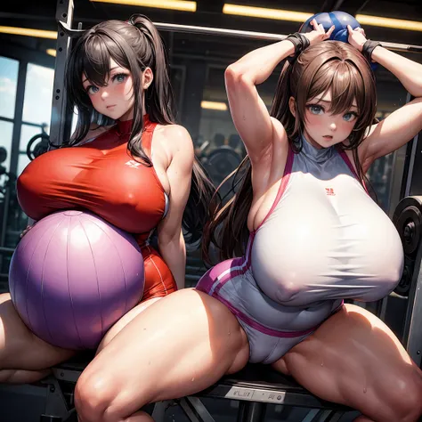 2 girls，plump figure，Extremely huge，in the gym，Ride on a giant balancing ball，sweating，