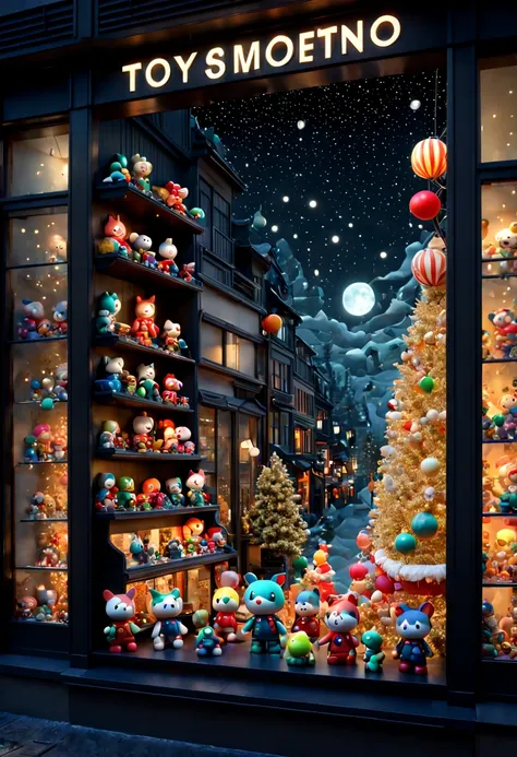 Toy Store Window Display, night, by Yoshitomo Nara, octane render, enhance, intricate, (best quality, masterpiece, Representative work, official art, Professional, 8k wallpaper)