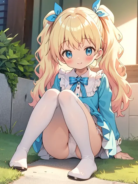 alice in the wonderland、cute little　Girl、(((babydoll)))、blond hear、(((White panties)))、Wavy Hair、blue eyes、10year old、all-fours、with spreading legs、、happy、smile、NSFW、Small breasts,pussy,